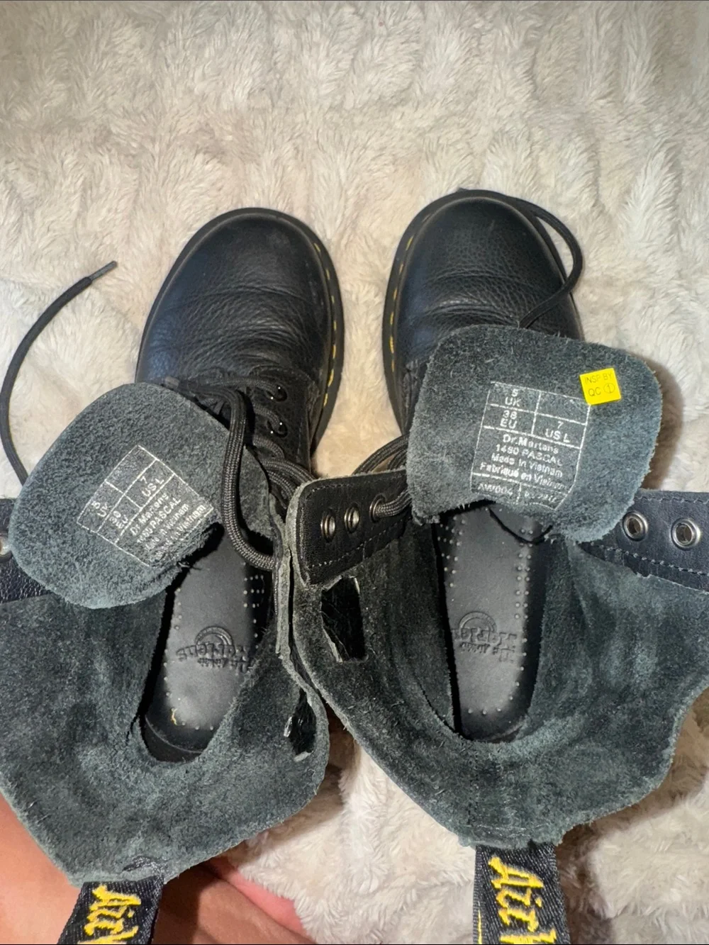 Dr. Martens Black 8-Eye Lace-Up Leather Boots with Yellow Stitching